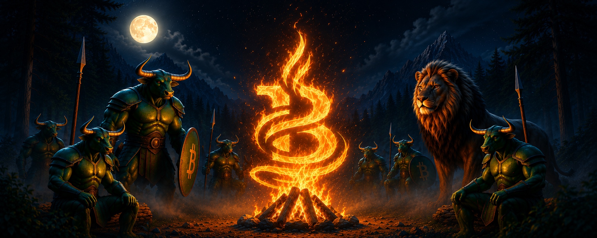 Green bull warriors and a lion gathered around a watchfire in a moonlit forest.